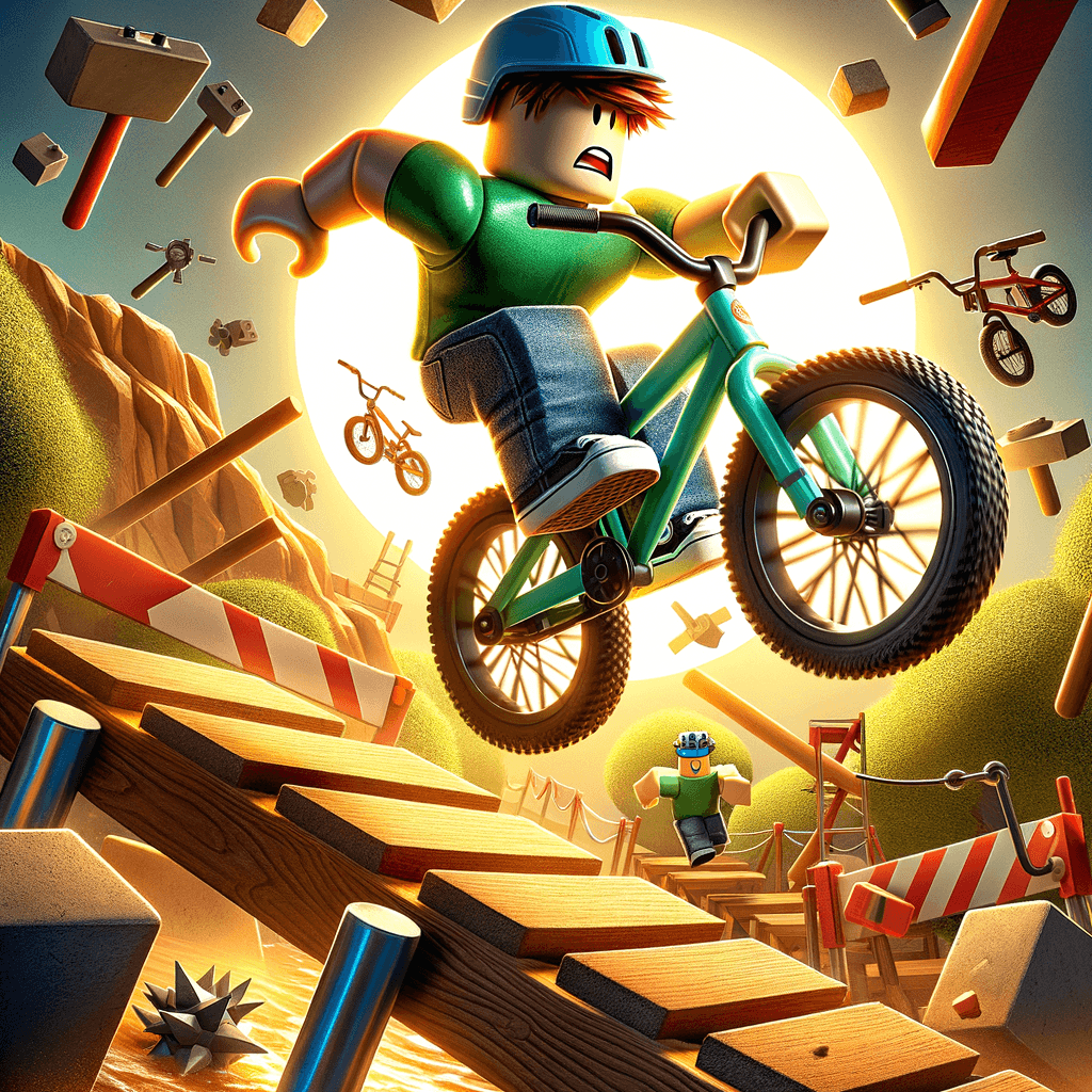 a noob riding a bike through an obby