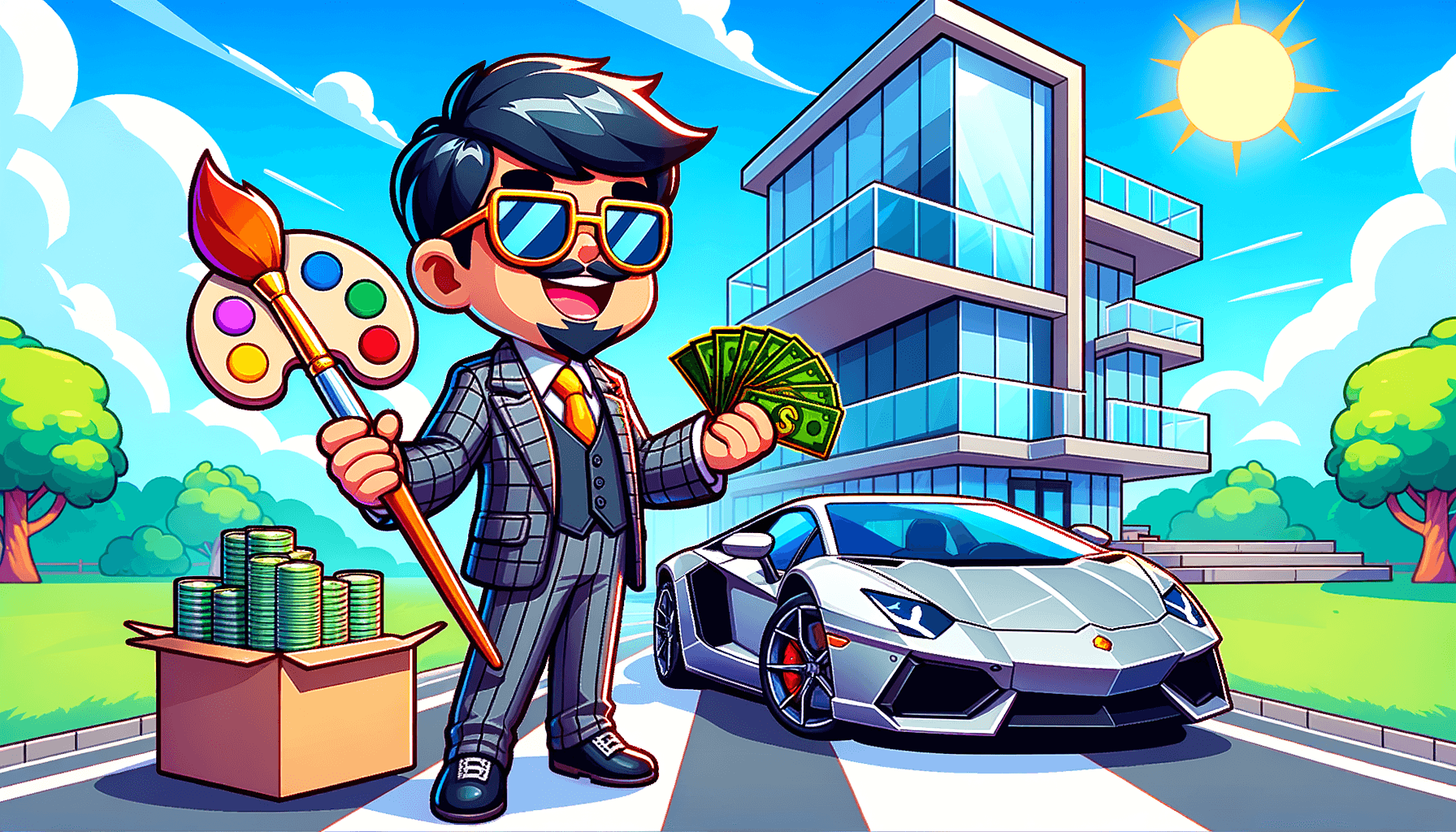 a rich artist waving money in one hand and a paint brush in the other in front of his modern mansion with sport car. vibrant