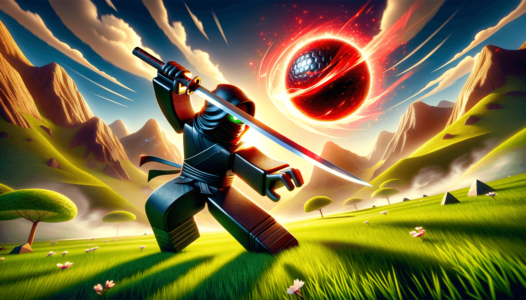 a ninja deflecting a red ball with a blade on the grass with mountains